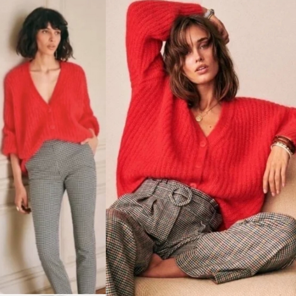 Sezane Achille Jumper Sweater Cardigan Wool Kid Mohair Red Size M Oversized